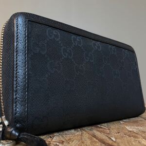 1円　美品　GUCCI グッチ シマ長財布 レザー キャンバス　ウォレット ラウンドファスナー 財布 マーモント ブラック　黒　