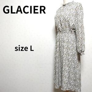 GLACIER ミャンマー製 小花総柄 ウエストゴム使用 ハニーズ ハイネックワンピース Lサイズ レディース ボタニカル柄 長袖