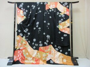 1円 良品 正絹 着物 振袖 縮緬 和装 式典 和服 正装 黒 パールトーン 桜吹雪 巻物 袷 身丈167cm 裄70cm ◆逸品◆【夢職】★★★★★