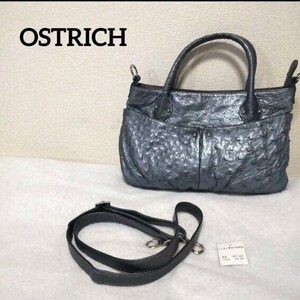 定価5万 OSTRICH オーストリッチショルダーバッグ ハンドバッグ ダチョウ革 エキゾチックレザー メタリックシルバー ブルー 2way 