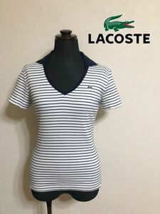 【美品】 LACOSTE ラコステ レディース ボーダー Vネック 開襟シャツ トップス サイズ40 半袖 ホワイト ネイビー ファブリカ 日本製 DF001S