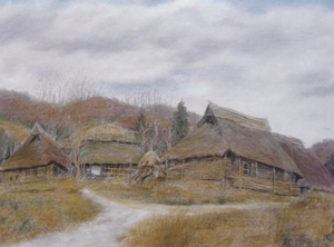 ◎色鉛筆での塗り絵・宅配８０サイズ・風景画 田園風景 茅葺屋根風景 岡山県　絵画　(203×272） 色鉛筆画