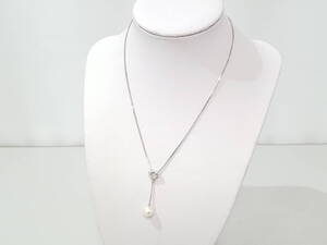 【美品】TASAKI 田崎真珠×NOEVIR ノエビア 一粒本真珠 ダイヤモンド付 Y字 シルバー ペンダント/ネックレス/パール粒約7mm超玉/04KO111801