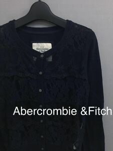 アバクロ Abercrombie&Fitch ムース ヘラジカ 刺繍ロゴ A&F カーディガン 丸首 長袖 レース ネイビー レディース Sサイズ !●&