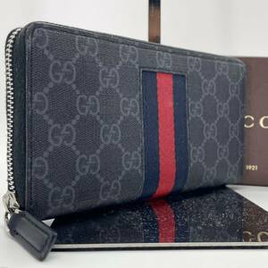 入手困難/極美品/箱付 GUCCI グッチ 長財布 ラウンドファスナー GGスプリーム シェリーライン 黒 ブラック メンズ ビジネス 廃盤 現行近