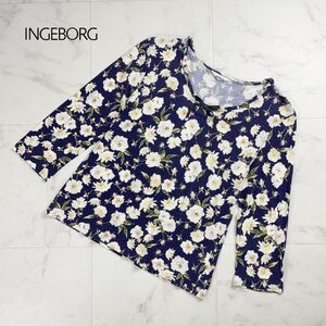 美品 INGEBORG インゲボルグ 花柄Tシャツ リボン 総柄 七分袖カットソー トップス レディース 紺 ネイビー サイズ9*RC1108