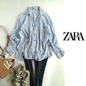 ザラZARA　ストライプレーストリムコットンチュニックシャツ　ブルー　S