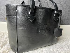 極美品/A4●ロエベ LOEWE トートバッグ ハンドバッグ メンズ ビジネス 大容量 書類 ロゴ型押し 本革 レザー 黒 ブラック ヘリテージ 金具