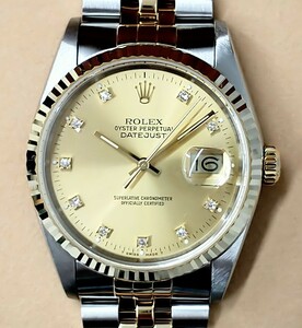 ロレックス デイトジャスト 16233 R番メンズ 腕時計 ゴールド文字盤 デイト 3針 オイスターパーペチュアル自動巻き 箱説保付き