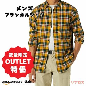 新品 Amazon Essentials フランネルシャツ メンズ Mサイズ 長袖 スリムフィット ダークグリーン イエロー チェック柄 コットン100%