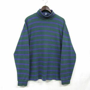 OLD GAP サイズ L ハイネック ボーダー カットソー タートルネック 長袖 Tシャツ グリーン パープル ギャップ 古着 ビンテージ 4M2701