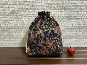 ハンドメイド*シンプル巾着袋 *エコバッグ収納袋・レジ袋収納・小物整理等に☆ 花柄×ゴールド*23×20××6*