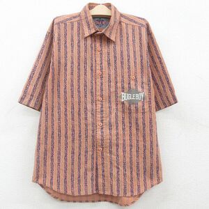 古着 ビューグルボーイ 半袖 シャツ キッズ ボーイズ 子供服 90s ワンポイントロゴ 薄茶他 ブラウン ストライプ 23jul03