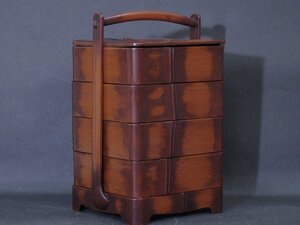 ★竹に塗り【提げ重 四段 レトロ】木製漆器　サイズ：18.7×15.5×高さ27.8cm　重箱 茶道具 和食器 茶器 菓子器