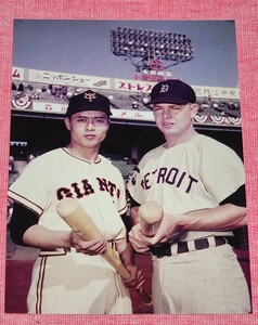 Lサイズのカラー生写真/王 貞治(巨人)とノーム・キャッシュ選手(デトロイト・タイガース)　日米野球