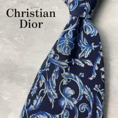 美品 Christian Dior ディオール バロック柄 植物柄 ネクタイ 紺