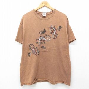 XL/古着 半袖 ビンテージ Tシャツ メンズ 00s セドナ トカゲ 大きいサイズ コットン クルーネック 茶系 ブラウン 24jul29 中古