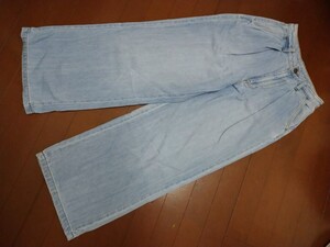 ★Used「GU ジーユー レディース タック入り ワイドストレート デニムパンツ M」インディゴジーンズ ダメージ加工