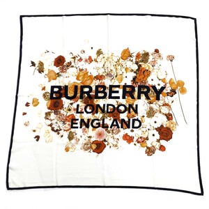 良好◆BURBERRY LONDON バーバリーロンドン Floral Print スカーフ◆ ホワイト シルク100％ ロゴ 花柄 レディース 服飾小物