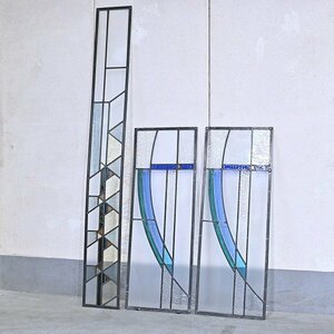 【引取限定】アンティーク ステンドグラス モダン 3枚セット 絵付け ガラス 飾り 幾何学 模様 ビンテージ_イギリス 英国