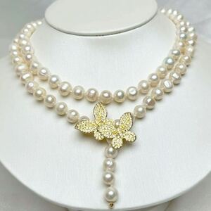 蝶々デザイン！本真珠ネックレス8mm 84cm。天然パールネックレス necklace 天然Pearl 