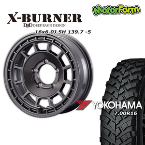 X-BURNER マットガンメタリック 16×6.0J/5H -5 ヨコハマ ジオランダー MT+ ワイルドトラクション 7.00R16 4本セット