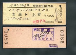 ゆうづる　6号　特急券・B寝台券　青森→上野　室蘭　発行　(昭和)55.12.18