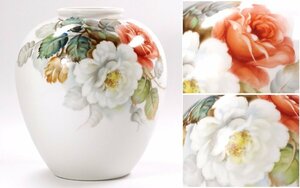 ∇花∇【オールドノリタケ(日本陶器会社)】 1935～1943年頃 総手描色絵薔薇文花瓶 月桂樹日陶印 和製テーブルウェア