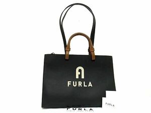 1円 ■極美品■ FURLA フルラ ヴァーシティ レザー 2WAY ハンドバッグ トート ショルダー 肩掛け レディース ブラック系 FA8801