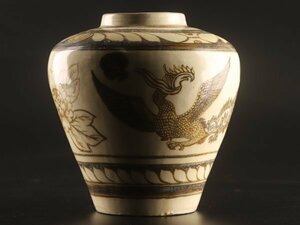 【琴》送料無料 中国美術 鉄釉 鳳凰図 花瓶 高26.3cm WK862