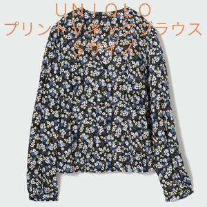 【新品】 ユニクロ　UNIQLO プリントVネックブラウス　長袖　ブラック/ブルー系　67Blue Sサイズ　春夏　タグ付き　未使用保管品