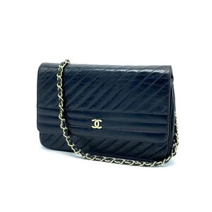 1円 良品 CHANEL シャネル バイアス ステッチ ココマーク プッシュロック ラムスキン チェーン ショルダー バッグ eD12158N