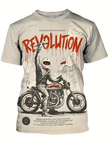 サイズ　XXL　クリーム色　バイク　ライダー REVOLUTION　デザイン　メンズ　半袖　Tシャツ　大きいサイズ　６・３１８