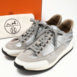 GQ2080*イタリア製 HERMES エルメス*Size 38*GOAL ゴール*レザースニーカー*レースアップシューズ*メタリック*靴*グレー×シルバー系