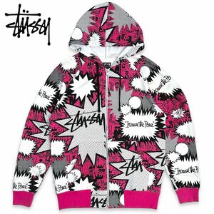 国内正規品■ STUSSY (ステューシー) POP SHOUT ポップ シャウト 総柄 ジップアップ スウェット パーカー 白 (ホワイト/ピンク) S 古着