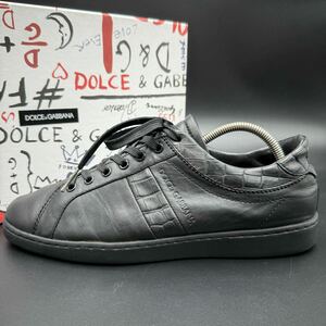 1円 【美品】 DOLCE&GABBANA ドルチェアンドガッバーナ クロコ型押し メンズ ローカット スニーカー シューズ 靴 ブラック 黒 26cm相当