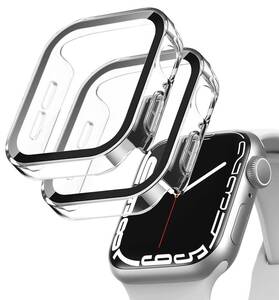 【2個入り】 Apple Watch 8 カバー 対応 アップルウォッチ ケース 41mm, 3D直角エッジと9H強化ガラスフィルム画面 一体型 シルバー