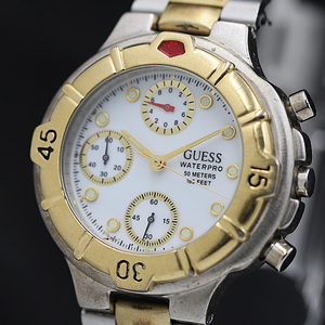 1円 稼働 ゲス GUESS クロノグラフ ラウンド QZ ホワイト文字盤 メンズ腕時計 TKD 7605000 12APY