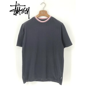 A9937/極美品 春夏 STUSSY ステューシー コットン クルーネック 無地 民族柄 半袖 裾ロゴ カジュアル Tシャツ カットソー M 黒 メンズ