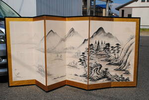 昭和レトロ　墨絵　山水画　6面　屏風　1158x445(両外側)＆425x18ミリ(1面寸法)