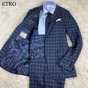 934【激レア・極美品】ETRO エトロ セットアップ スーツ SARTORIA UOMO DAL 1968 ビジネス メンズ ペイズリー シルク 2B チェック ネイビー