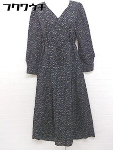 ◇　◎ natural couture NICE CLAUP Vネック　花柄　 長袖 ロング ワンピース サイズF ブラック　マルチ レディース