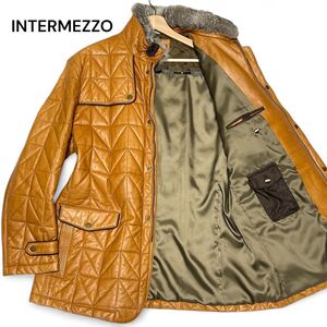 最高級◎3Lサイズ!!インターメッツォ【希少な超ビッグサイズ】INTERMEZZO レザー 中綿 ファー コート キルティング 本革 イエロー◎メンズ