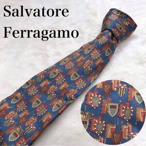 Salvatore Ferragamo ネクタイ 総柄 盾 旗 ネイビー マルチ フェラガモ