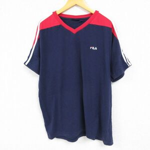 XL/古着 フィラ FILA 半袖 ブランド Tシャツ メンズ ワンポイントロゴ 大きいサイズ コットン Vネック 紺 ネイビー 23aug19