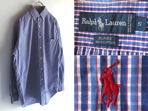 希少 90sビンテージ Ralph Lauren ラルフローレン BLAIRE ポロポニーロゴ刺繍 チェックシャツ BDシャツ S 紺 青 赤 白 USA企画 ネコポス可