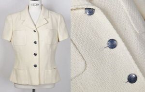 97C CHANEL tweed coco short sleeve jacket size 42 シャネル ツイード ココマークボタン 半袖 ジャケット b9017