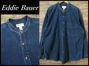 送無 XL サイズ 状態良好 90s オールド Eddie Bauer エディーバウアー 長袖 片ポケ デニム バンドカラー シャツ オーバーサイズ インディゴ