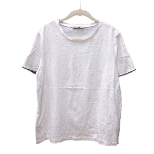 ザラ ZARA カットソー Tシャツ クルーネック 半袖 パールビーズ L 白 ホワイト /MN レディース