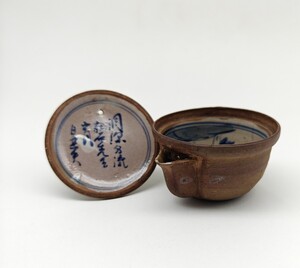 【懐】急須 宝瓶 手描人物風景図 時代染付 萬古 時代物 煎茶道具 美術品 AC-095